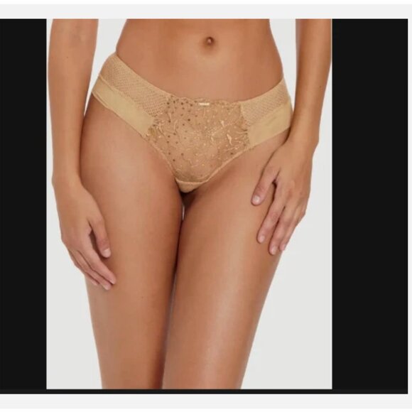 NEW Chantelle Toffee Sequins Fleurs Signature Mid-rise Mesh Tanga Brief Size L - Picture 2 of 9